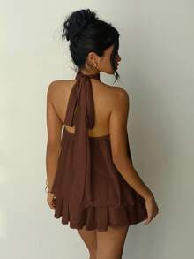 Aloruh Vestido mini elegante de mujer con cuello halter y lazo en color amarillo claro - Óxido marrón - Ver 2
