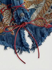 ROMWE Áo denim nữ kiểu dáng retro xe máy J-Fashion phong cách Trung Quốc mới, thêu họa tiết, cổ yếm, gợi cảm. - Rửa nhẹ - Xem 4