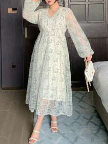 Dazy Plus 时尚花卉蕾丝V领收腰灯笼袖连衣裙，假日度假风，春夏吊带裙 - 綠色 - 查看 5