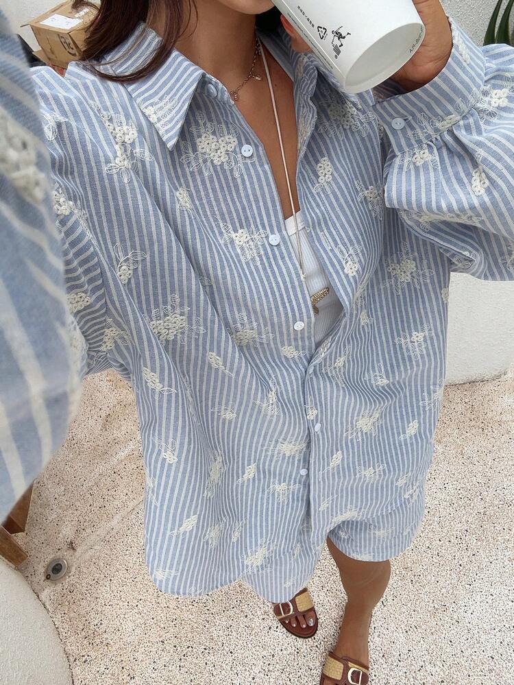 Women's Vacation Casual Striped Embroidered Shirt And Shorts 2 Pieces Set