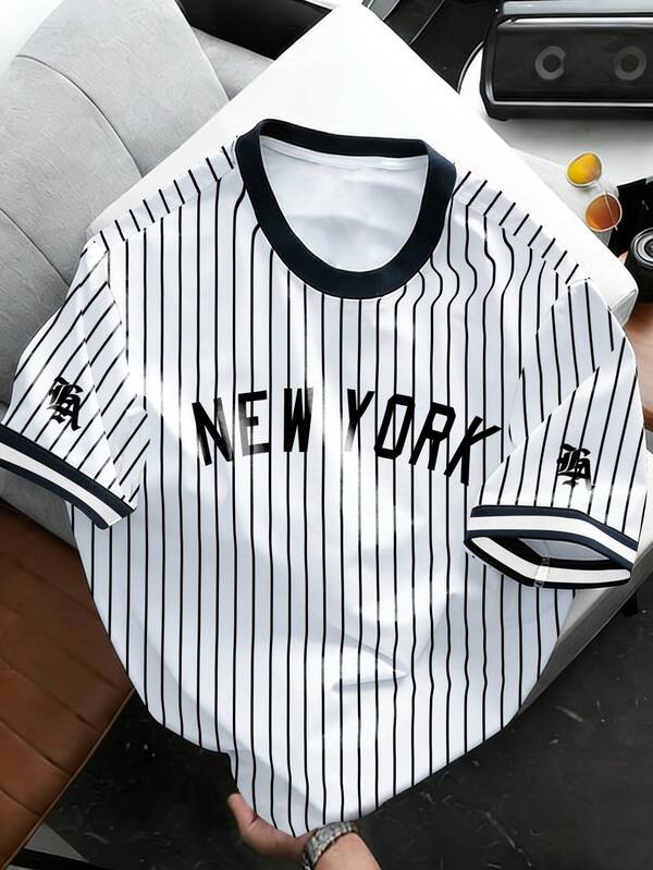 Chillumni Men's Summer Streetwear White Black Vertical Stripe Baseball Jersey Vintage New York City Letter Number 25 Graphic Print Round Neck Short Sleeve Oversized Mesh Sports Shirt Y2K Festival Going Out Casual Athletic Top,Men's Striped Round Neck Letter Print Casual Versatile Daily Wear Short Sleeve T-Shirt