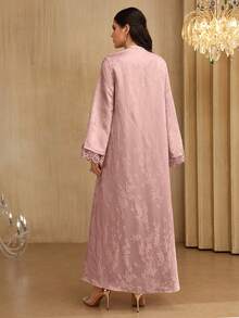 SHEIN Najma Gaun Wanita Elegan Berkerah V dengan Patchwork Pita Jacquard dan Renda Lengan Panjang Model Mengembang - Berwarna merah muda - View 2