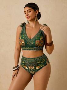 Travachic 大码热带印花度假休闲沙滩露背波西米亚风印花女式两件套泳衣 - 墨綠色 - 查看 6