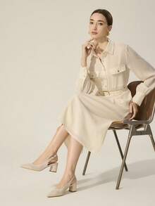 CUCCOO BASICS 女士尖头粗跟中跟米色布面露跟夏季透气春季鞋圣诞节搭扣后带镂空透气通勤鞋 - 米色 - 查看 3