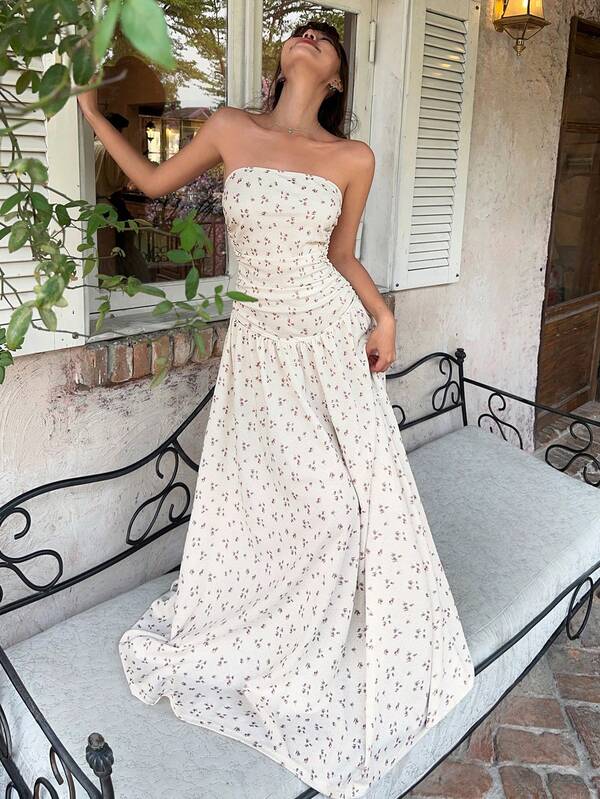 MainGRL Ditsy Floral Ruched Waist Flowy Hem Dress, Suitable For Vacation, Romantic Dates