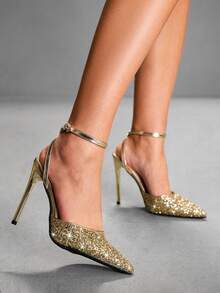 CUCCOO SZL 女鞋尖头细高跟金色亮片踝带露跟女鞋简约优雅时尚性感派对宴会夜店女高跟鞋 - 格力特淺金44 - 查看 5