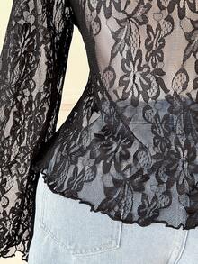 SHEIN EZwear 大码撞色甜心领蕾丝拼接长袖T恤 - 彩色 - 查看 6