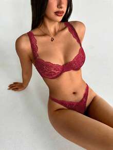 Aloruh Ren hoa Vòng thép Bộ đồ lót - Màu Đỏ Sâu - Xem 8