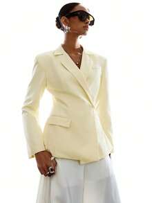 LYSMO Women's Lace Patchwork Notched Collar Fashionable Versatile Commuting Long Sleeve Blazer - Light Yellow - View 4