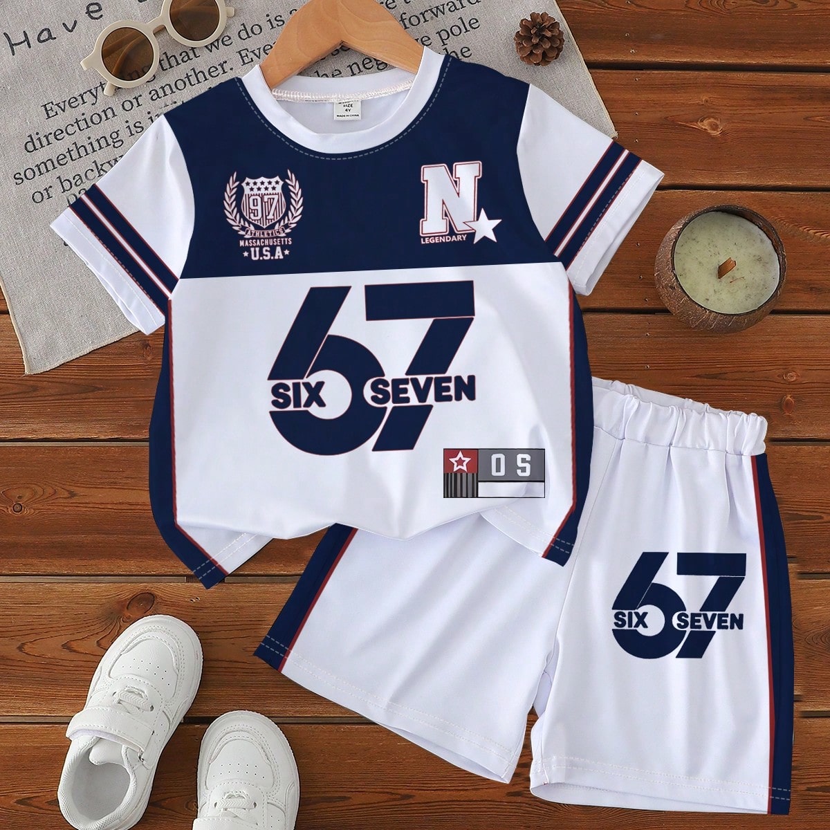 Set Estilo deportivo casual para niños preadolescentes Camiseta de manga corta con estampado del número 67 SIX SEVEN en blanco y azul y conjunto de