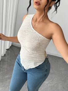 Elenzga Blusa de mujer talla grande de verano, nueva, de punto blanco con textura, fruncida y asimétrica de un solo hombro, de moda y sexy. Adecuada para: uso diario, vacaciones, fiestas, reuniones - Blanco - Ver 7