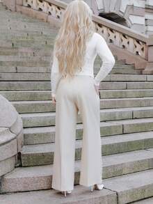 Elenary Edit Modern Fashion Pearl Embellished Pocketed Women's Elegant Press Crease Pants - Cream - View 2