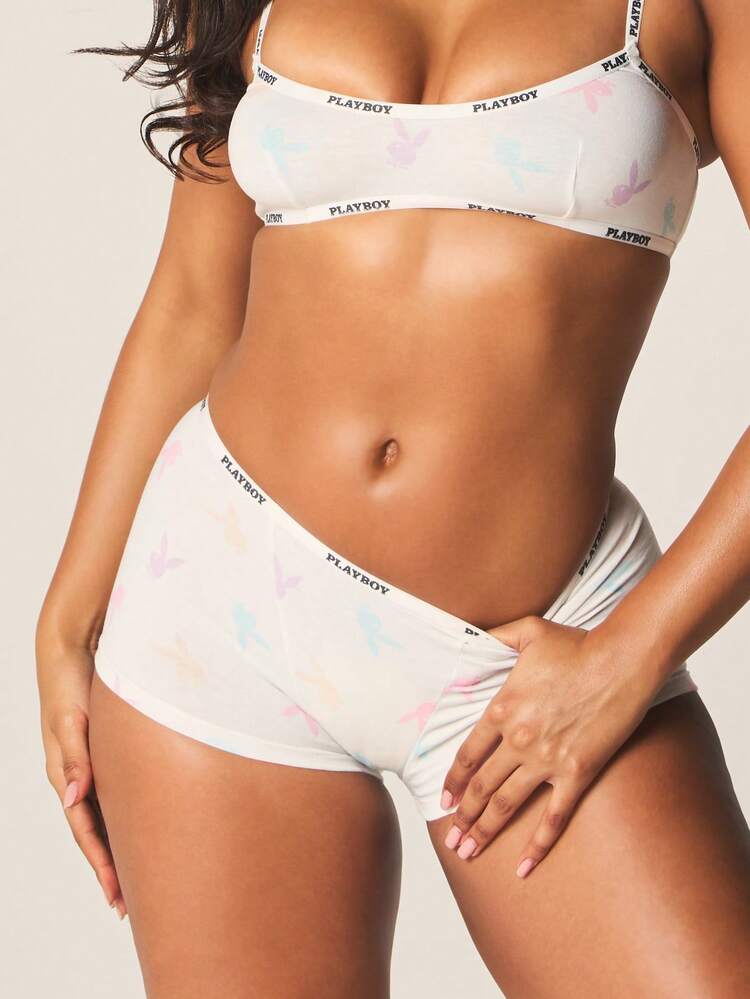 Missguided x Playboy Logo Print Bra And Boyshort Set With Elastic Band Trim Vintage Inspired Bunny Print Underwear Matching Intimate Lingerie Collection Classic Two Piece Soft Cup
