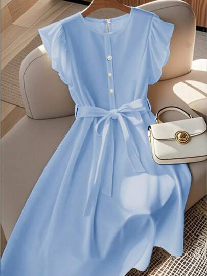 Franclia Women's Elegant Dresses, French High-End Resort Dresses, Versatile Everyday Dresses, Round Neck Short-Sleeved Dresses, Elastic Waist Dresses, Pearl Button Dresses, Comfortable And Soft Non-Stretch Dresses, Apricot Dresses, Women's Mid-Length Dresses, Spring And Summer Solid Color Dresses, Lavender Dresses, Women's Summer Elegant Dresses, Light Purple Dresses, Women's Purple Elegant Dresses, Women's Summer Dresses, Women's Commuting Outfits. Baby Blue Women Dress Preppy Dress