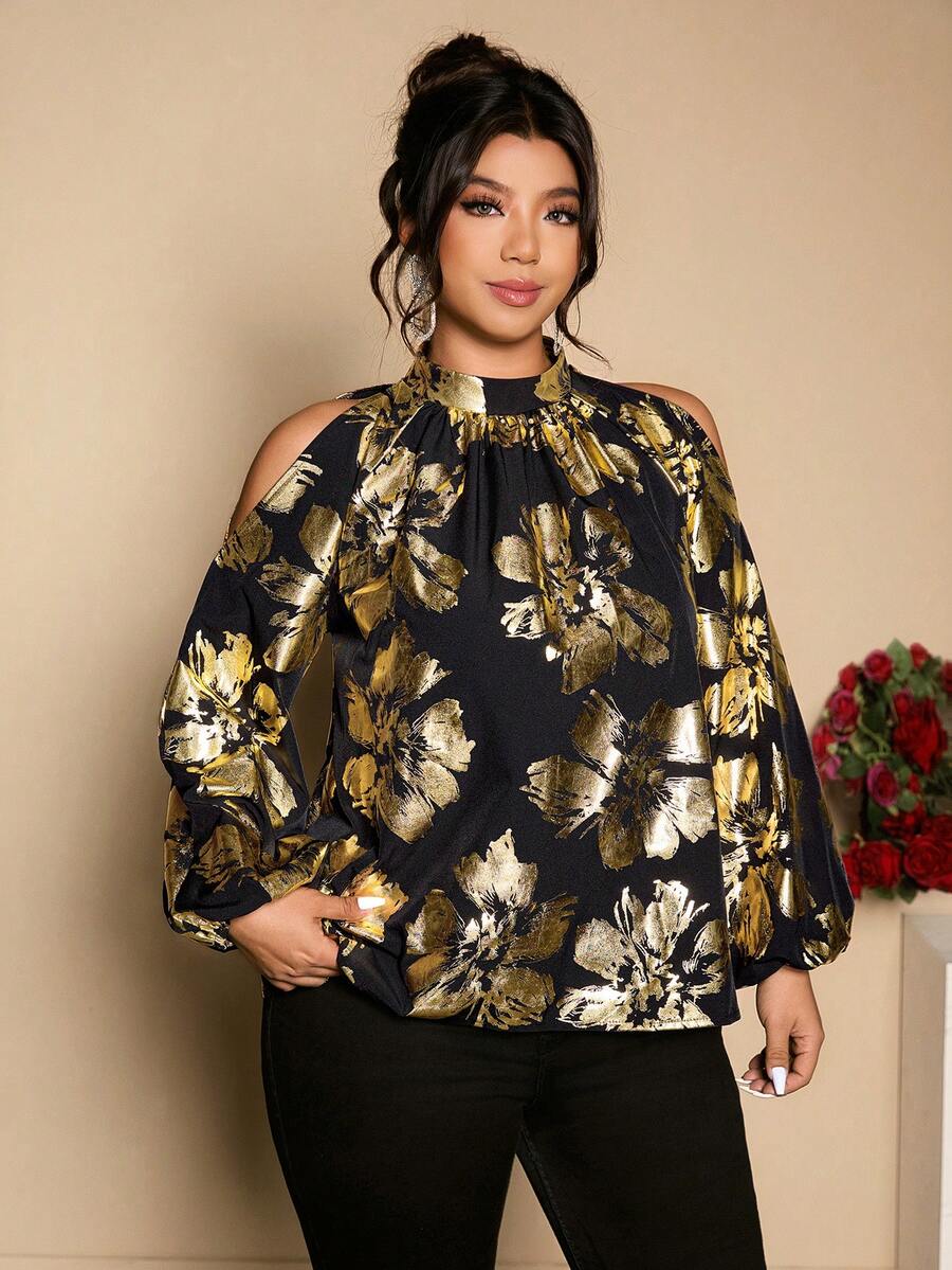 Cravure 大码女式立领长袖箔片装饰礼服衬衫 - 黑色 - 查看 1