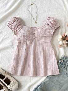 SHEIN Áo sơ mi tay ngắn raglan xếp ly đơn giản dành cho bé gái tuổi teen, kiểu dáng thường ngày. - Màu Hồng baby - Xem 1