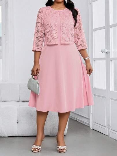 SHEIN Lady Plus Size Women's Elegant Sleeveless Cinched Waist Dress And Sheer Lace Lightweight Jacket 2 Piece Set, Spring/Summer