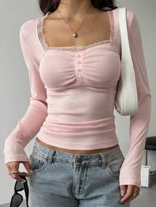 Almamuse 女士休闲可爱千禧风粉色方领蕾丝边褶皱长袖露脐衬衫，适合日常穿着/通勤/休闲度假/浪漫约会 - 粉色 - 查看 6