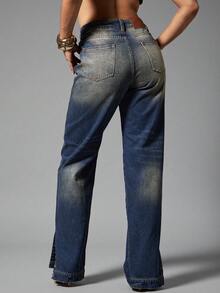 Denimoi Slouchy Fit Straight Leg Denim Jeans With Button Detail On Ankle Straight Leg Jeans Streetwear - Medium Wash - View 2