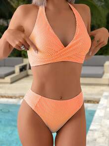 Swim Mod Springbreak Women's Summer Beach Striped Random Print Criss-Cross Back Tie Top And Patchwork Bikini Bottom 2-Piece Swimwear - Multicolor - View 3