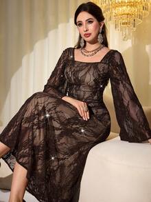 Modelyn French Square Collar Lace Rhinestone Embellished Fitted Long Sleeve Elegant Midi Dress For Women - Brown - View 4