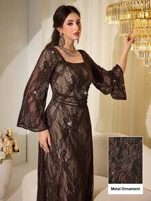 Modelyn French Square Collar Lace Rhinestone Embellished Fitted Long Sleeve Elegant Midi Dress For Women - Brown - View 10