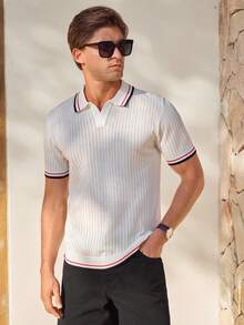 Manfinity CityGents Atasan Rajut Lengan Pendek Kasual Kancing Motif Garis Kontras Pria, Polo Rajut Kancing Gaya Kampus, Kemeja Rajut Pria - MultiWarna - View 5