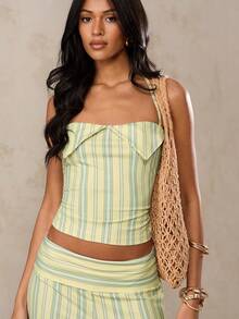 SHEIN BAE 女士条纹吊带露背修身吊带背心，夏季女装，沙滩装，外出上衣，夏季度假装，黄色上衣，彩色条纹上衣，时尚上衣，夏季上衣，度假上衣 - 黃色 - 查看 4