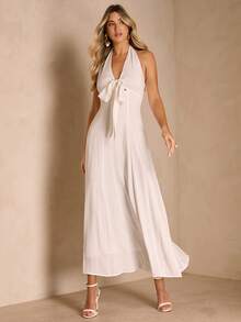 Enchnt 女士V领蝴蝶结亚麻休闲连衣裙 - 白色 - 查看 5