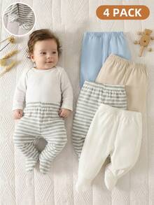 SHEIN Bộ 4 quần cho bé sơ sinh, kiểu dáng unisex, chất liệu vải dệt kim mềm mại, co giãn, thích hợp mặc mùa hè. - Màu xanh lam - Xem 3