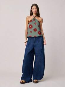 Nöista 花卉图案露背吊带上衣，宽松飘逸的廓形，领口饰有醒目的圆环细节。一款别致的夏季上衣。 - 綠色 - 查看 5