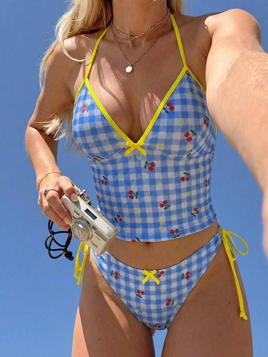 Swim Mod 2pcs Women Plaid, Cherry, Star Random Print Cute Sweet Summer Beach Vacation Bikini Set Gingham Bathing Suit Gingham Bikini Checkered Bikini Checkered Bathing Suit Gingham Swim Suit Cherry Print Bikini - Multicolor - View 1