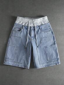 ROMWE MEN Street Life Celana Pendek Denim Kasual Pria dengan Pinggang Warna Kontras, Musim Panas - Grey - View 1