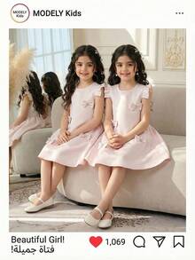 Young Girl Solid Color Satin Dress With Bow Print, Young Girls Blush Pink Summer Flower Girl Formal Elegant Princess Frocks, Ruffle Strap Casual Dress - Baby Pink - View 5