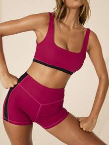 Aralina 女士罗纹/斜纹短款骑行短裤套装 - 玫紅色 - 查看 2