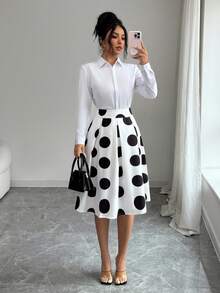 Elenzga 时尚波点女式半身裙，休闲百搭，适合聚会和通勤。 - 黑與白 - 查看 3