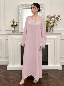 Yasmyna New Design Ruffled Collar Criss-Cross Romantic Elegant Vacation Dress - Dusty Pink - View 4