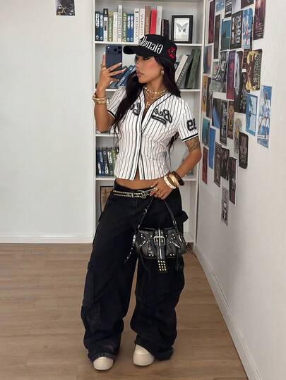 StreetHx Women's 2000s Style Casual Streetwear Striped Pattern Waist Splice Color Block Shirt