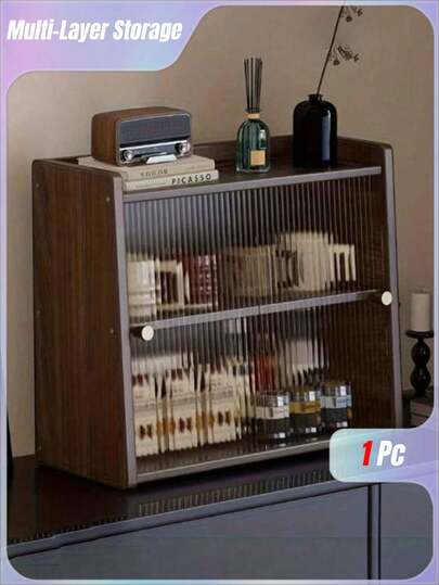 No-Hole Kitchen Storage Box With Acrylic Sliding Door. Retro Style, Ideal For Storing Small Items And Glassware. Perfect For Countertop Use. Trapezoidal Design, Easy To Install