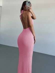 Aloruh 新款钩针编织露背深V领性感度假/约会/休闲针织连衣裙 - 粉色 - 查看 8