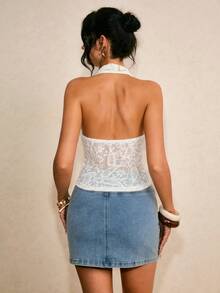 Poéselle 女士性感纯色提花深V露背吊带上衣，夏季 - 杏色 - 查看 2