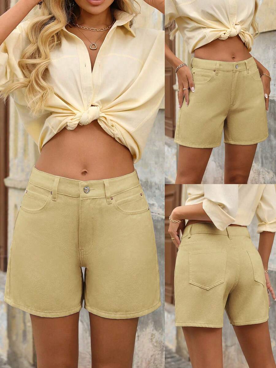 EMERY ROSE Women's Fashion Straight Leg Casual Denim Shorts With Belt Loops, Summer - Khaki - View 1