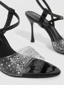 CUCCOO SZL 女士春夏尖头细高跟黑色透明水钻性感时尚华丽后踝带裙摆宴会派对夜店女士高跟凉鞋露趾凉鞋 - 黑色 - 查看 5