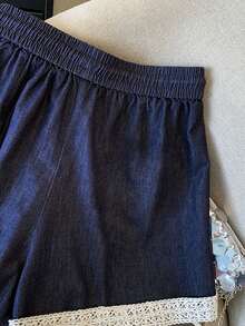 Resyla 女士休闲蕾丝边牛仔效果弹力腰阔腿短裤 - 藍色 - 查看 3