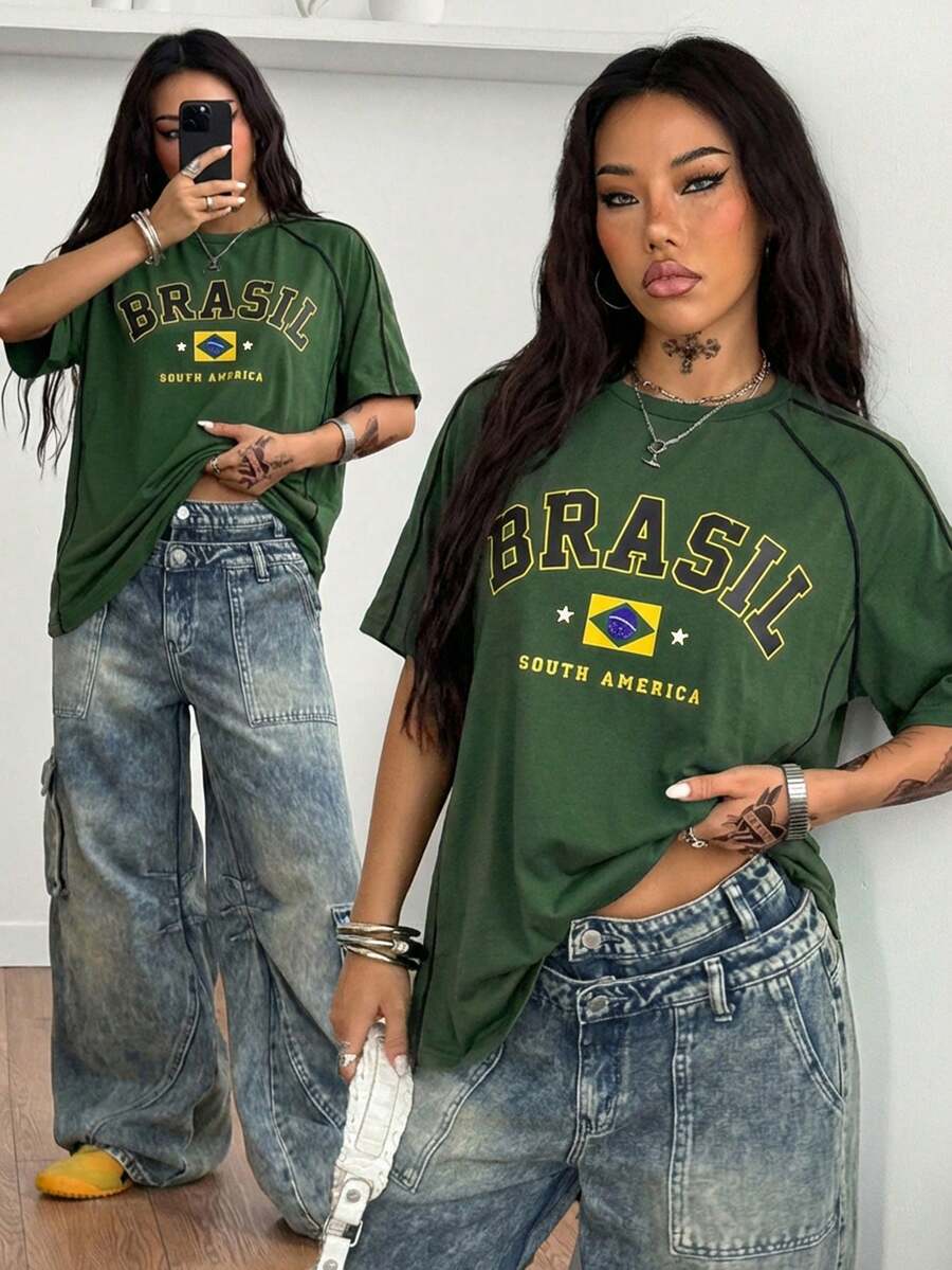 Coolane Áo thun nữ tay ngắn màu đen in chữ, phối màu, phong cách đường phố Y2K cá tính. - Màu xanh lá cây đậm - Xem 1