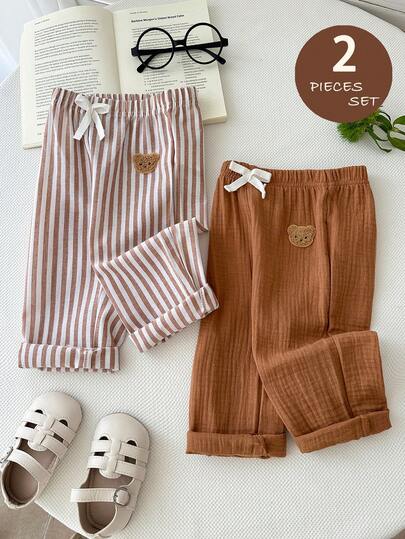 LMoss Kids 2pcs Baby Boy Woven Solid Color Bear Patch & Striped Pants Set