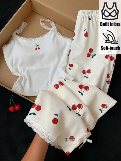 Comfortcana 2pcs/Set Atasan Camisole Kasual Wanita dengan Hiasan Renda dan Celana Bergaris Biru & Putih, Musim Kembali ke Sekolah