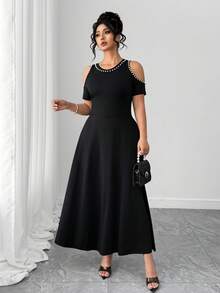 Elenzga Plus Size Women Pearl Decor Off-Shoulder Dress, French Sexy Minimalist Elegant Artistic Party Romantic Maxi Dress - Black - View 3