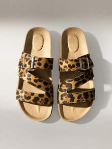 Solecia 女士夏季单扣豹纹圆头厚底拖鞋，个性化棕黑色绒面革，日常休闲街头风 - 豹紋 - 查看 6