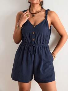 Freevana 100%纯棉加大码女式纹理纽扣装饰弹力腰带夏季简约休闲连体裤女式连身短裤女式亚麻连体裤舒适连身裤女式连体裤夏季连身裤女式连身裤 - 藏蓝色 - 查看 7